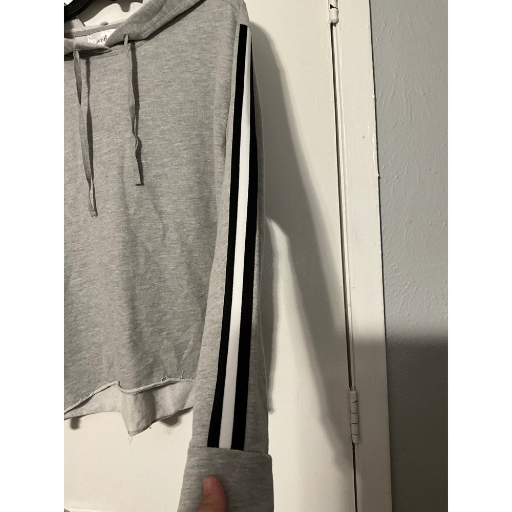 Just Be Womens Gray Striped Sleeve Raw Hem Pullover Hoodie Sweatshirt Large - Picture 5 of 5